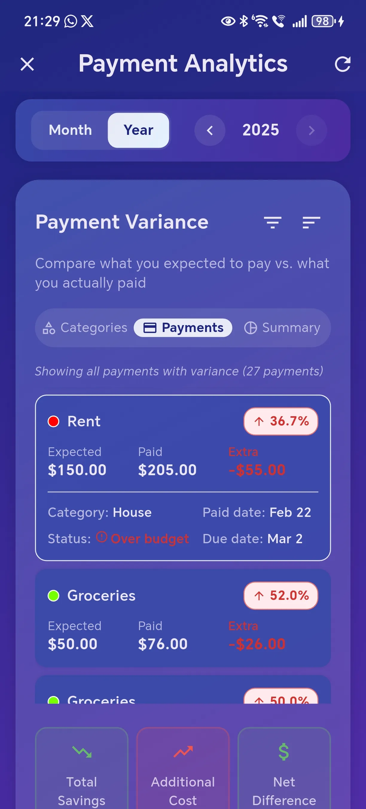 Payment Reminder app screenshot: Payment Variance Tracking - Monitor differences between expected and actual payment amounts over time