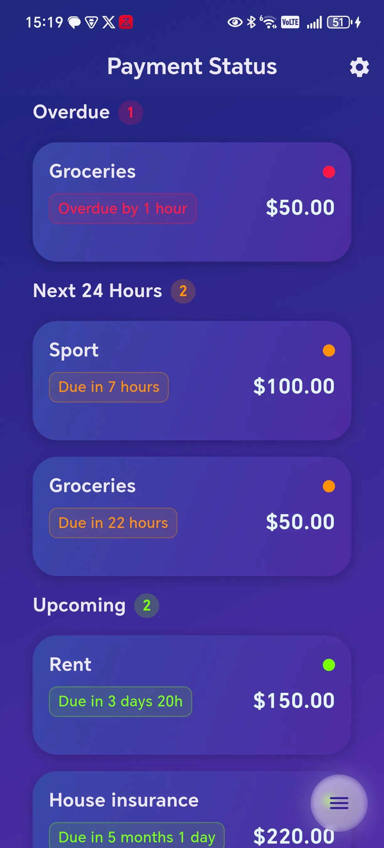 Payment Reminder app screenshot: Visual Payment Status - Monitor all your payments at a glance with intuitive color-coded status indicators